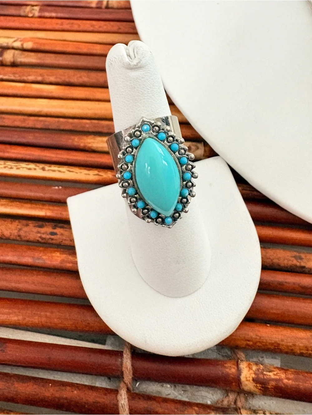 Faux Turquoise Teardrop Necklace Matching Ring Silver Tone Size 7 18”-20”